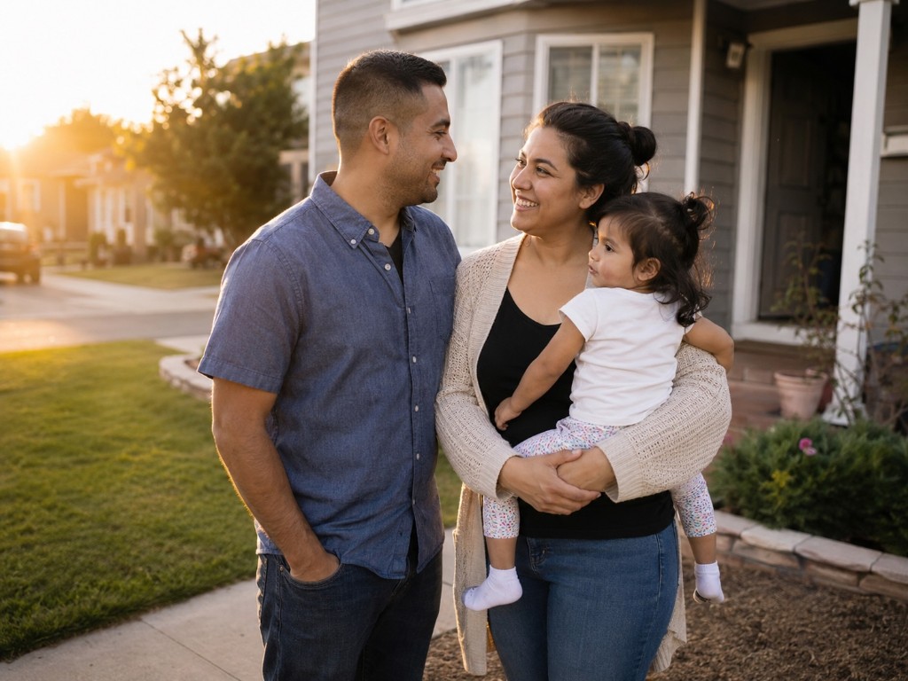 Latino couple with their child standing in front of their home