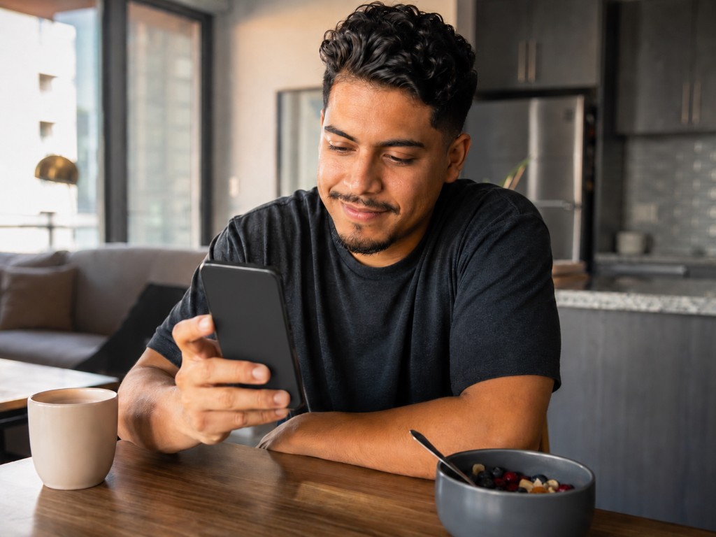 Young adult reviewing finances on his phone at home