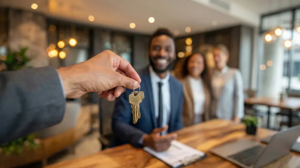 Property manager handing over the keys to a new apartment