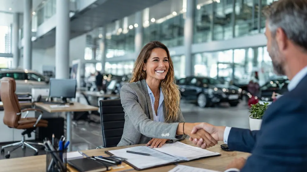 Woman shaking hands at a car dealership after her loan approval