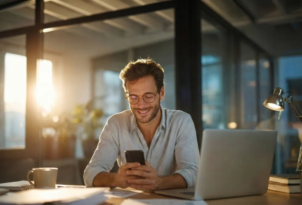 Man smiling at his improved credit score on his phone